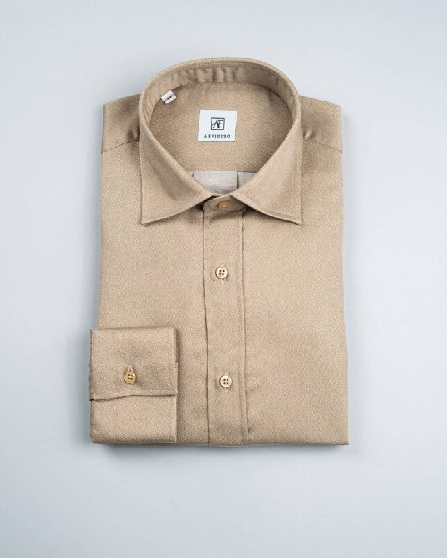 Camicia in Flanella Beige, Collo italiano