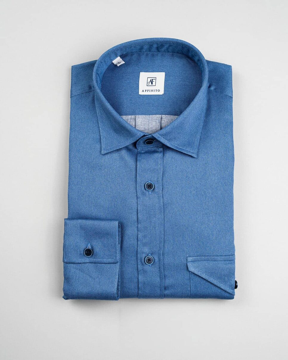 Camicia in Flanella Blu, Collo Italiano, Doppie Tasche
