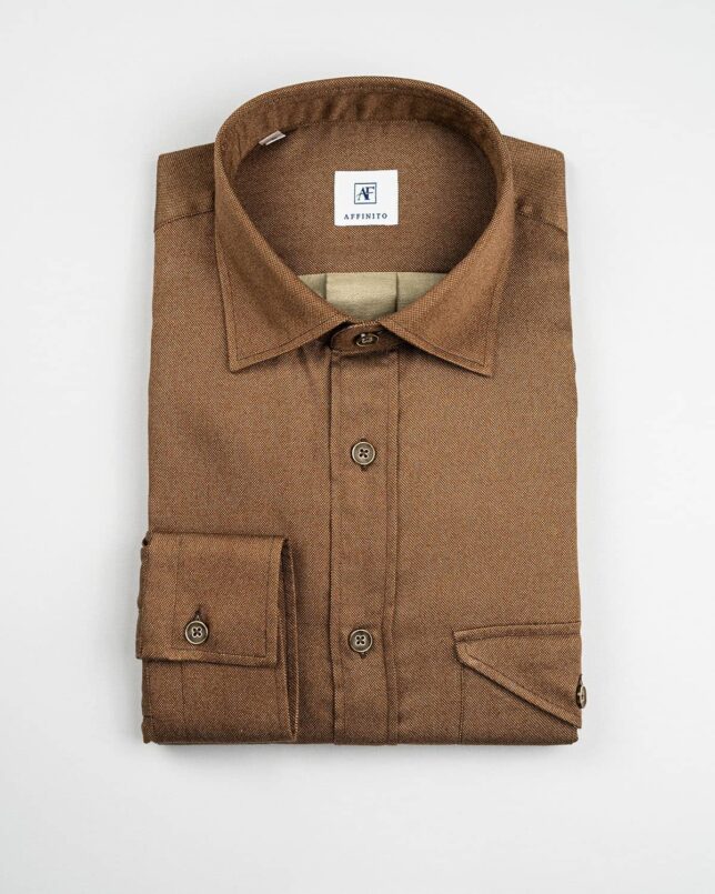 Camicia in Flanella Marrone, Collo Italiano, Doppie tasche