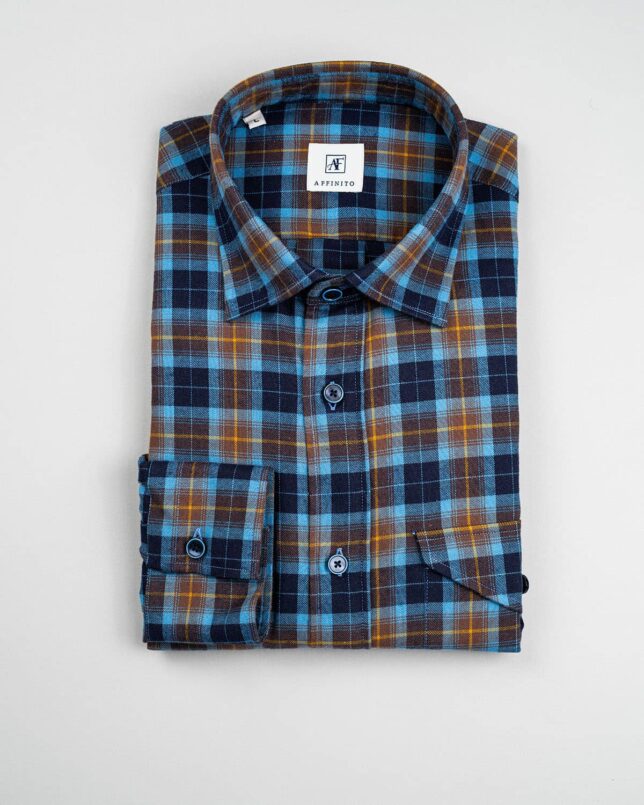 Camicia in Flanella a Quadri Blu, Collo Italiano