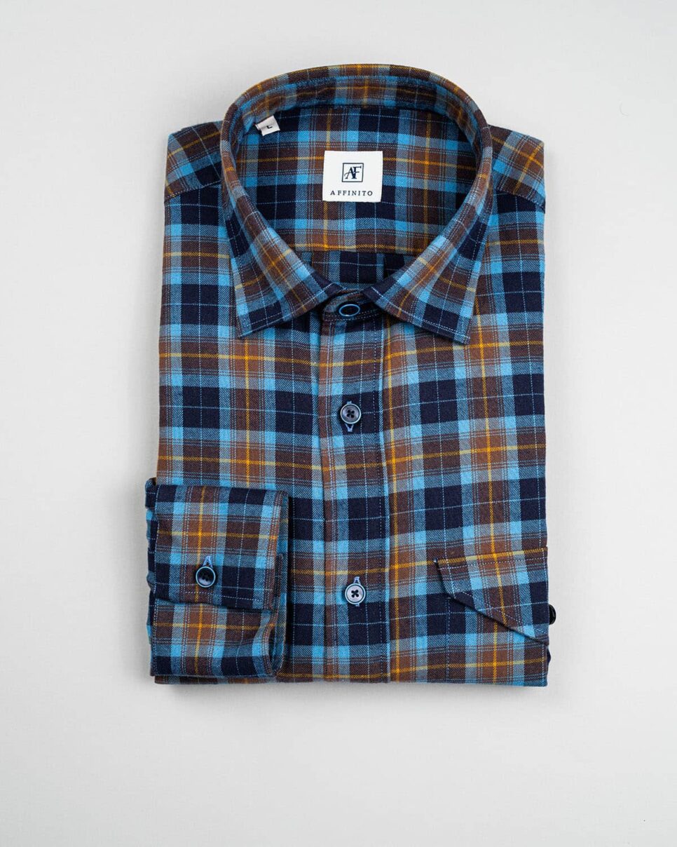Camicia in Flanella a Quadri Blu, Collo Italiano