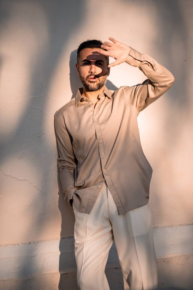 Camicia in Flanella Beige, Collo Italiano