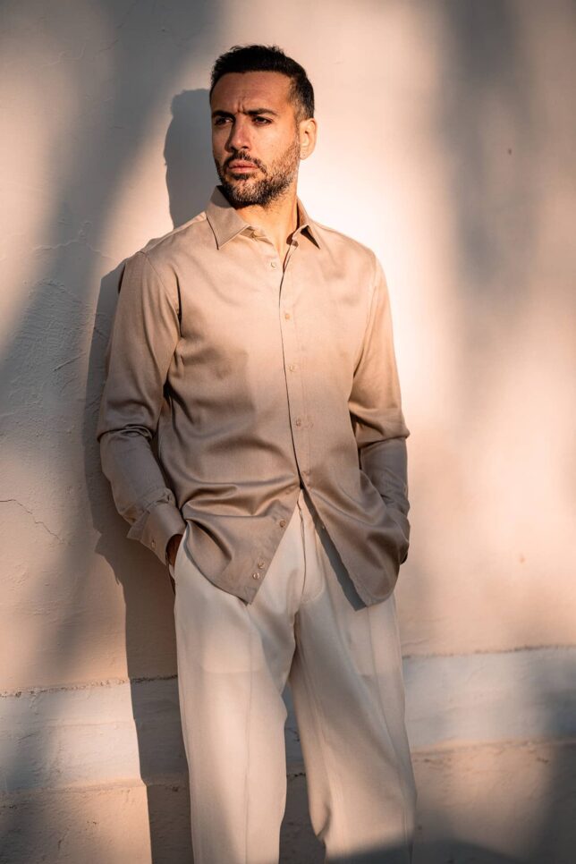 Camicia in Flanella Beige, Collo Italiano