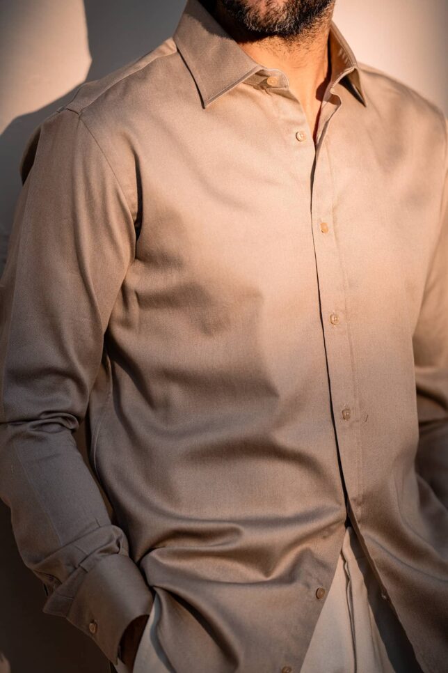 Camicia in Flanella Beige, Collo Italiano