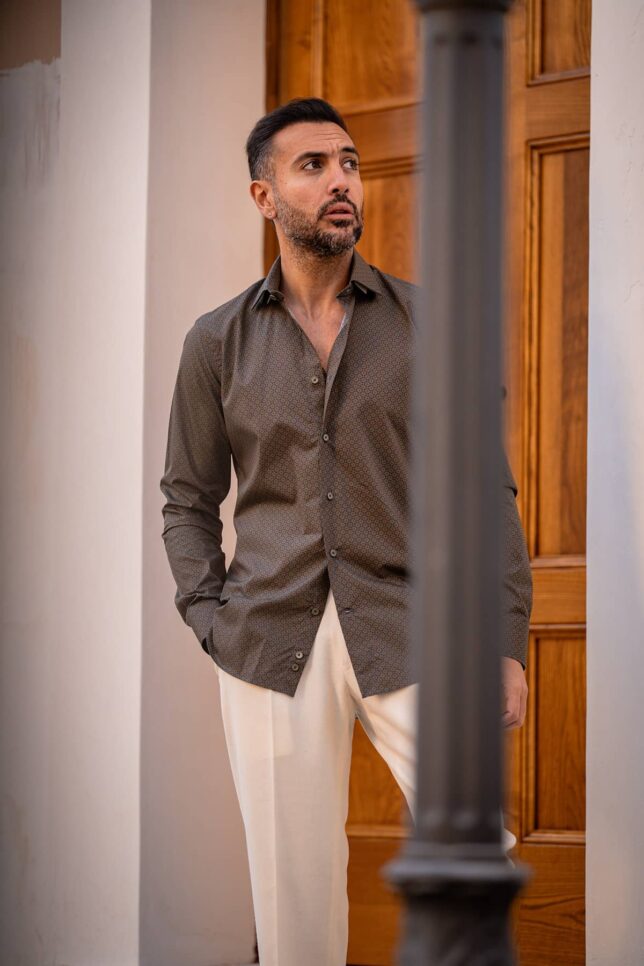 Camicia Fantasia Marrone Blu, Slim Fit