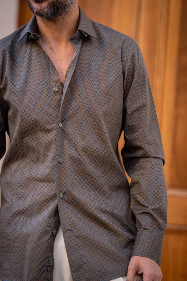 Camicia Fantasia Marrone Blu, Slim Fit