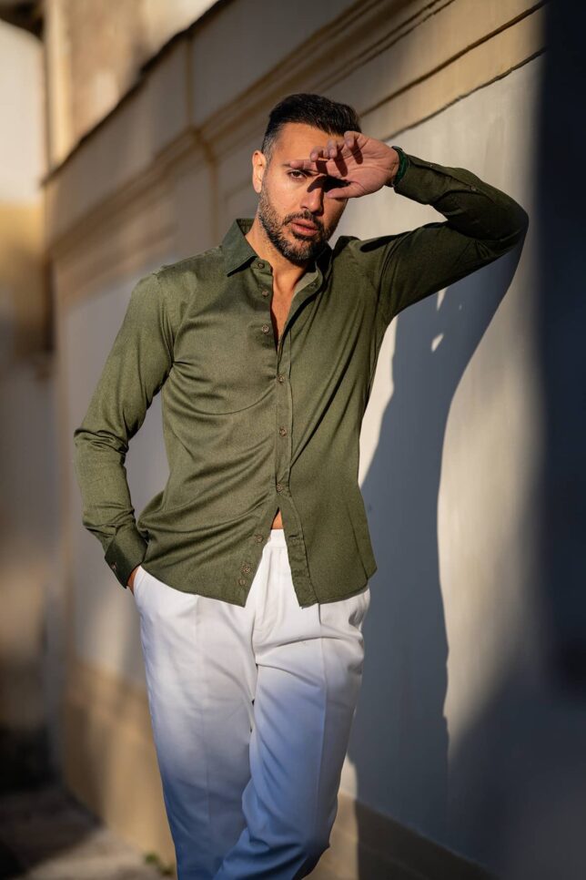 Camicia in Flanella Verde, Collo Francese
