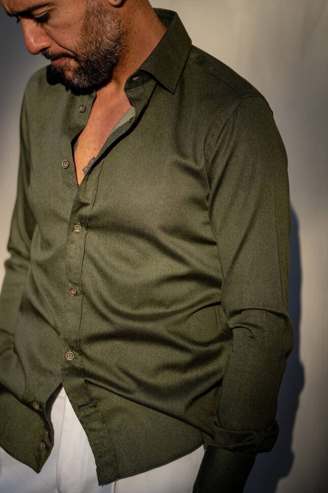 Camicia in Flanella Verde, Collo Francese
