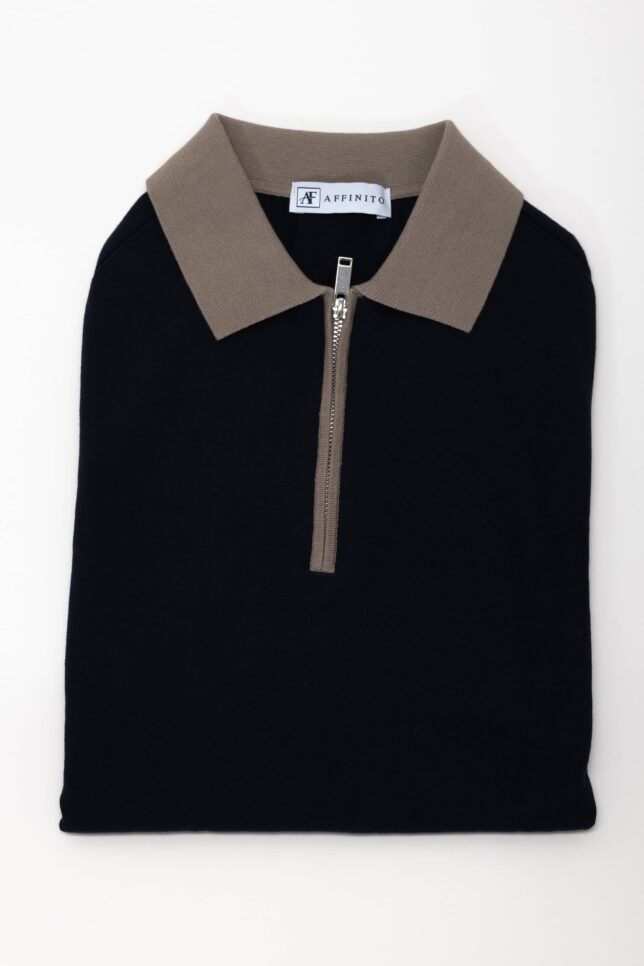 Polo navy a mezza zip con collo a contrasto – 100% cotone