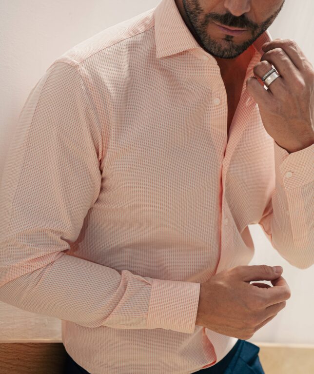 Camicia microfantasia rosa – 100% cotone, slim fit, collo mezzo francese