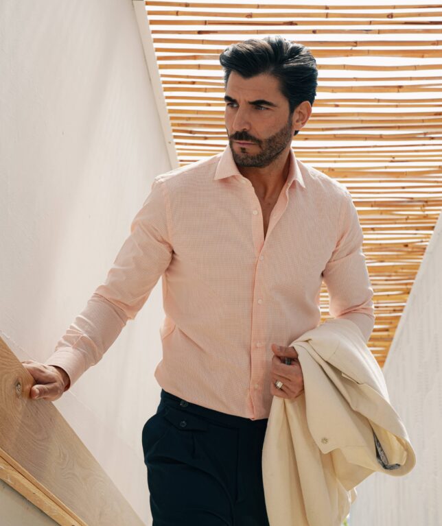 Camicia microfantasia rosa – 100% cotone, slim fit, collo mezzo francese