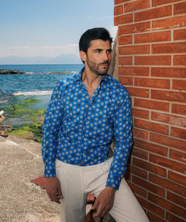 Camicia fantasia floreale blu – collo francese in 100% cotone (55)