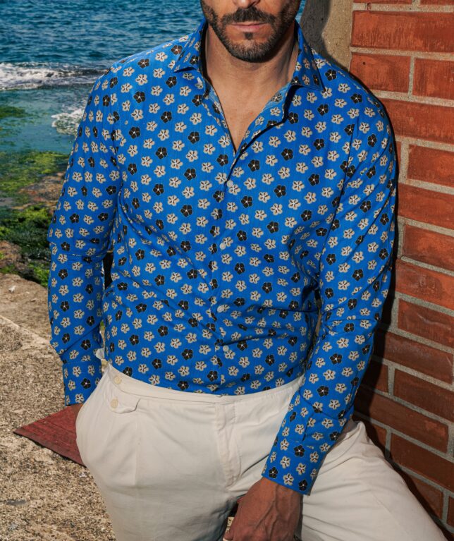 Camicia fantasia floreale blu – collo francese in 100% cotone (55)
