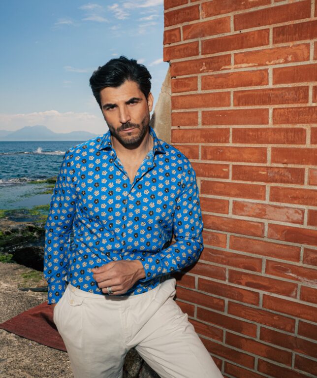 Camicia fantasia floreale blu – collo francese in 100% cotone (55)
