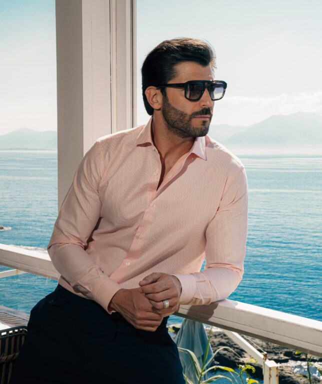 Camicia microfantasia rosa – 100% cotone, slim fit, collo mezzo francese