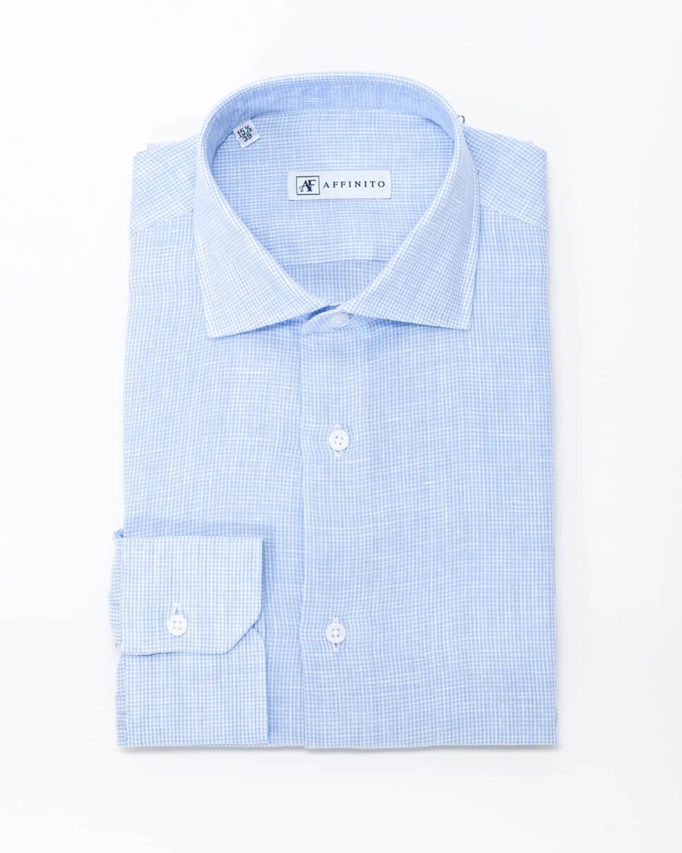 Camicia microfantasia quadrettata azzurro – collo classico in lino