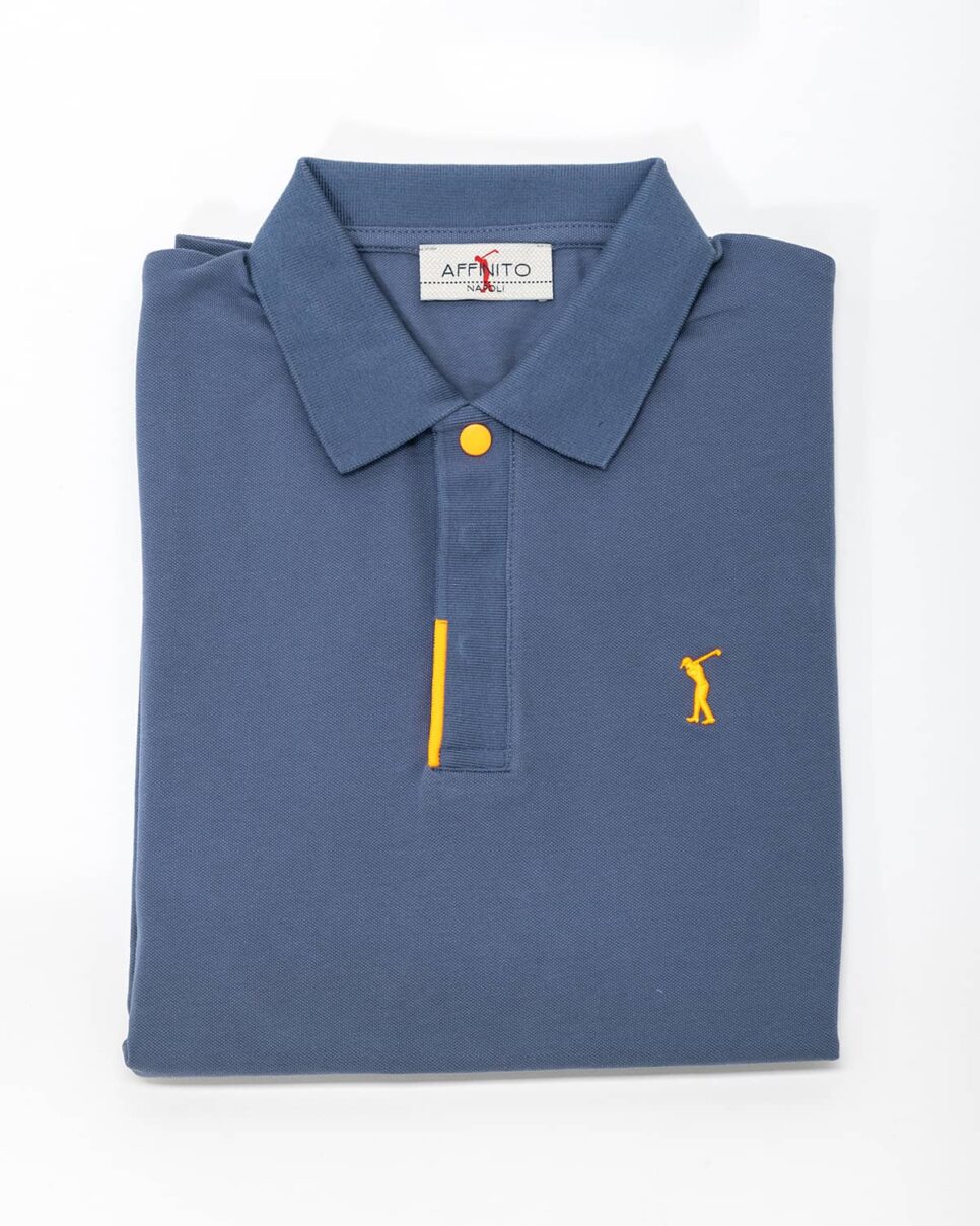 Polo blu petrolio con dettagli arancio fluo – in cotone piqué